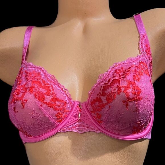 Victoria's Secret Rhinestone Embellished Lace Unlined bra Pink / Red 32DD - Picture 6 of 11